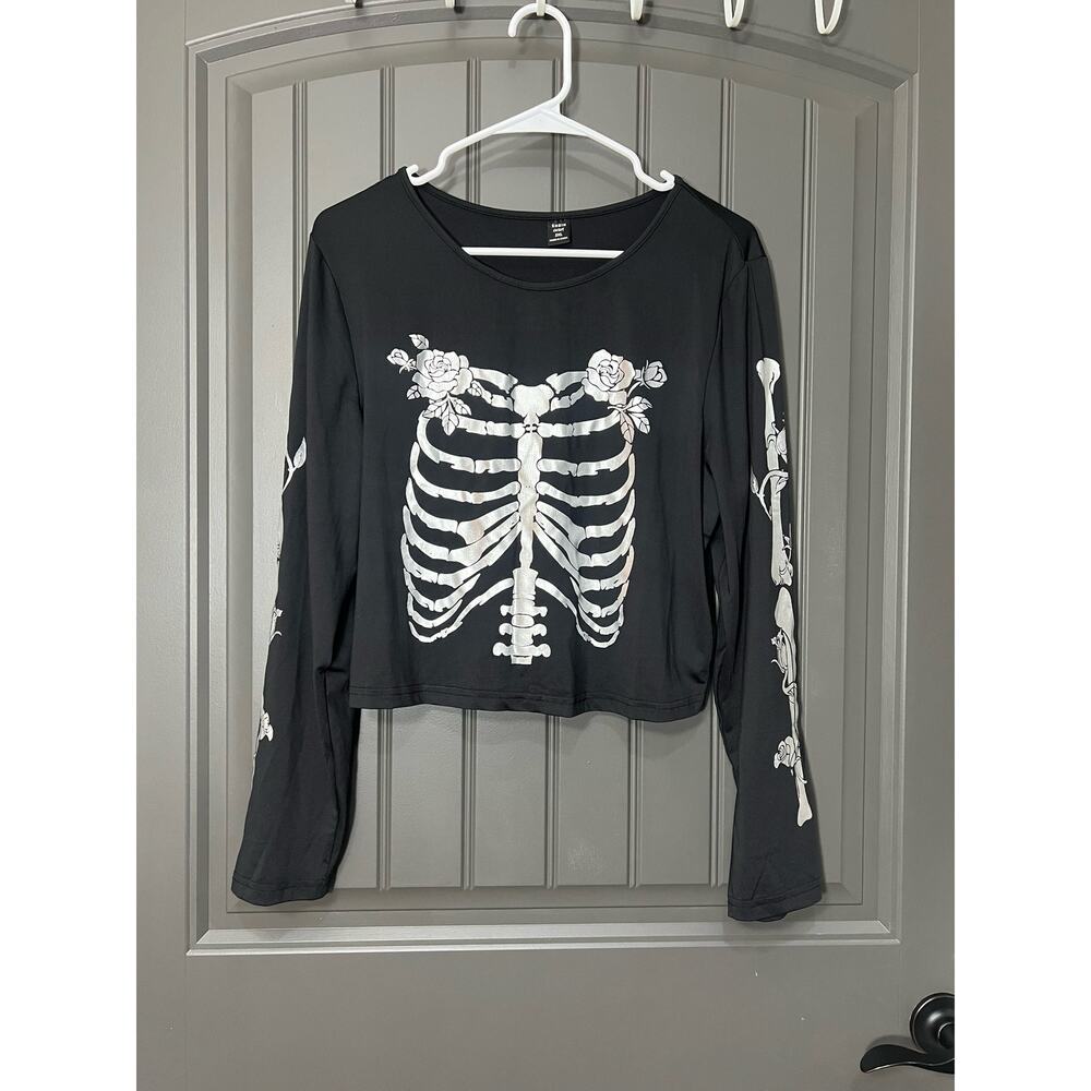 Shein Curve Silver Skeleton Print Long Sleeve Crop Top Size XL